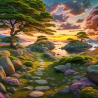 A vibrant,whimsical landscape with trees,a stone path,and a tranquil lake at sunset