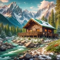 A picturesque wooden cabin by a mountain stream, surrounded by pine trees, colorful flowers