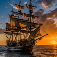 Pirate Ship Sailing On The Sea