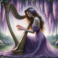 A woman in a purple dress plays a harp in an enchanting wisteria garden at twilight