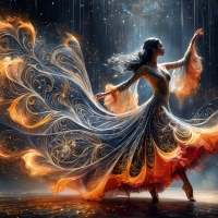 A mystical woman in a glowing fiery dress