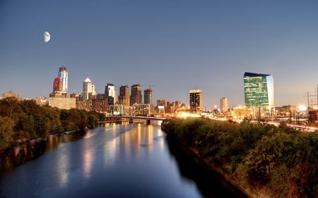 Philadelphia Skyline Sunset - site, philadelhpia, building lights, streetlights, beautiful sunset, the city of brotherly of love