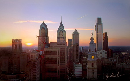 Philadelphia Skyline Sunset - horizon, philadelphia skyline, sun, philadelphia