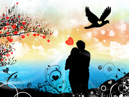 Sunrise Love - bird, fantasy, heart, sea, love