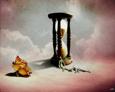 sands of time - sand, rose, hour glass, dead rose, puppets