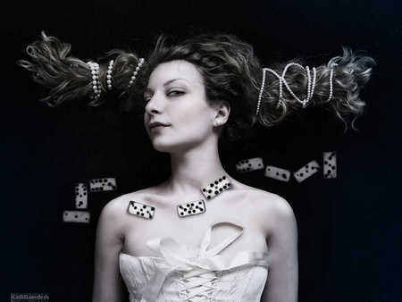 Domino - pretty, pearls, dominos, woman, black and white