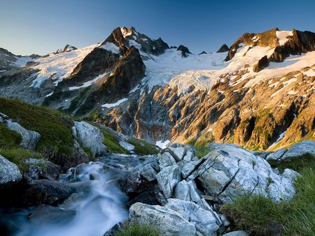 Stream down the mountains - foamy, water, scenery, snow, landscape, stream, spring, nature, mountains, rocks