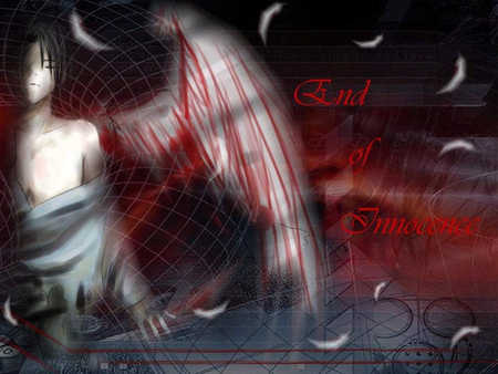 End of Innocence - angel, feathers, red, anime, guy