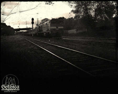 Gothica Train - train, trees, black and white, train tracks, bridge