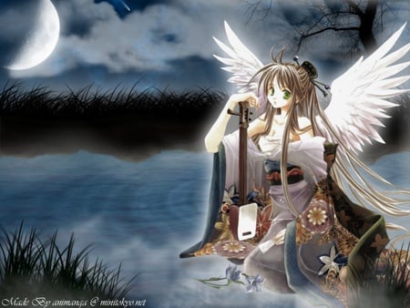 Exotic anime angel - moon, wings, girl, asian dressed