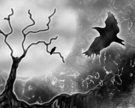 In the Dark of Night - clouds, moon, birds, black and white, gothic, night, dead tree, crows