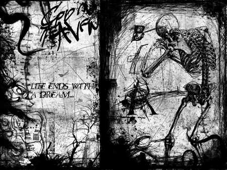 Life Ends with a Dream - skeleton, dead tree, staples, black and white, gothic, dream, drawing