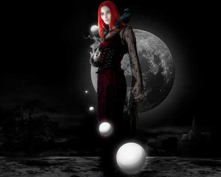 Manipulation Continued=Ended - clouds, moon, bird, trees, magic, balls, gothic, night, red head, color splash, crow, curch, woman, smoke, black and white