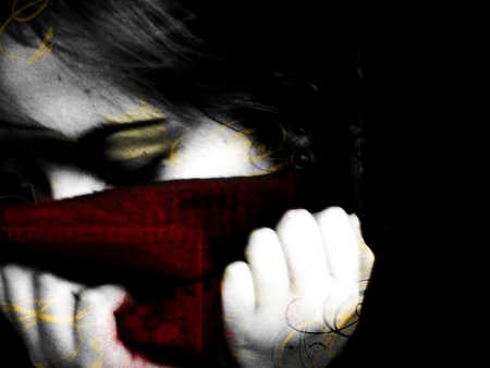 Silence of a Broken Heart - hands, woman, sadness, vector, gothic, yellow, red, golden, color splash