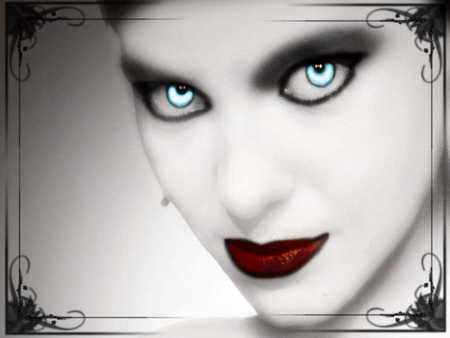 Queen of the Night - woman, face, sexy, dark, red, blue eyes, gothic, color splash