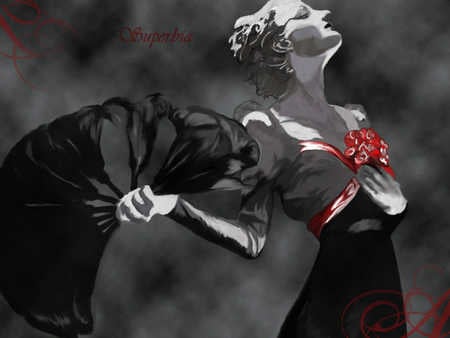 Superbia - woman, fan, red, flowers, black and white, drawing