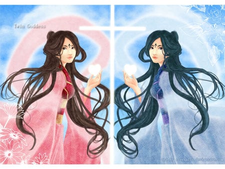 Twin Goddess - flower, pink, cute, love, anime, anime girl, girl, blue, goddess, oriental, chinese, heart, female