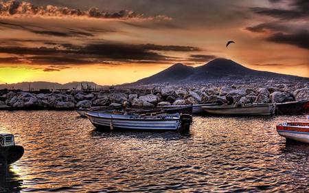 Harbour at dawn - sky, ocean, harbour, dawn, mountains, boat