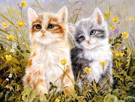 LOVELY KITTENS - kittens, hand painted, painting, two, grass, lovely, art, sitting