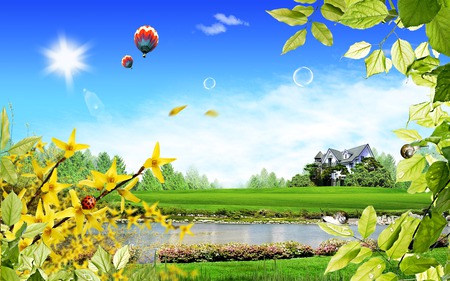 Beautiful Landscape - arte, sunny, magic, bonito, spring, lago, flowers, sunrays, hot air balloon, folhas, garden, field, arvores, sunlight, house, beauty, colors, nature, green, bubbles, balloons, hot air balloons, campo, splendor, landscape, grass, home, leaves, view, lake, art, houses, sky, sun, clouds, ceu, trees, water, snails, beautiful, balloon, lovely, sheets, paisagem, colorful, balao, rays, jardim, peaceful, casa