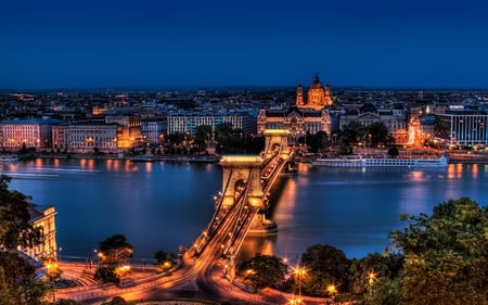 Budapest at night - bridge, lights, water