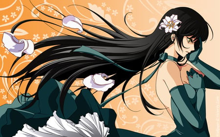 Missing him - yellow eyes, sexy, girl, sad, long hair, black hair, petals, anime, flowers, cute