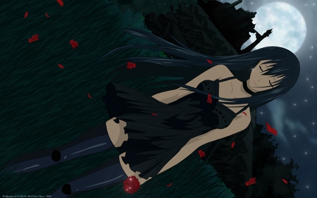 Alone in the night - moon, sexy, girl, night, long hair, black hair, petals, anime, cute