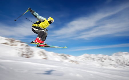 Extreme Skiing - extreme, skiing, winter, ski, mountains, air time, snow, clouds, blue, skies