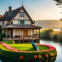 A house on a lake with a pond in the middle