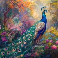 Colorful peacock in the forest, among bright flowers