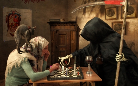 Death - chess, death, elderly woman, grim reaper