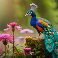 Peacock in a field of flowers