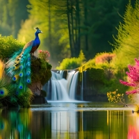 Peacock at a waterfall