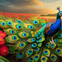 A peacock in a field of flowers