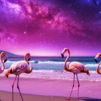 Flamingos on Ocean Shore