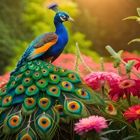 A peacock is standing in a field of flowers