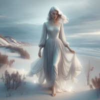 A woman in a floaty dress walks on a calm beach with sand dunes and a cloudy sky in the background.