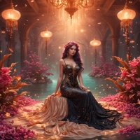 Elegant Mermaid Resting on Golden Palmier amidst Enchanting Flower Realm