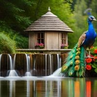 A peacock is standing on the edge of the waterfalls