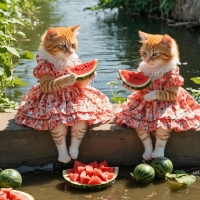 Two Cute Cats in Dresses Enjoying Watermelons