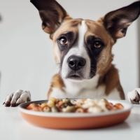 Dog with paws up on table waiting to be given food