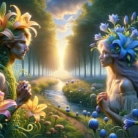 Two elves with flower decorations in a magical forest