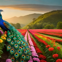 A peacock in a field of flowers