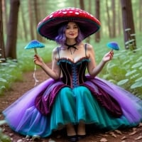 Whimsical Mushroom Lady in Vibrant Forest Setting