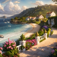 Seaside village with picturesque houses and blooming flowers