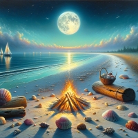 Moonlit beach scene with bonfire and shells