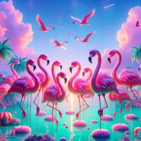 Encounter of pink flamingos