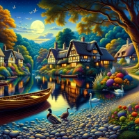 Lively, whimsical landscape with thatched houses by the river