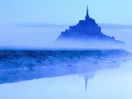 Mont St Michel at Dawn - mont st michel, france, fog, blue