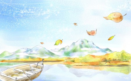 The Seaside - autumn leaves, seaside, mountains, boat